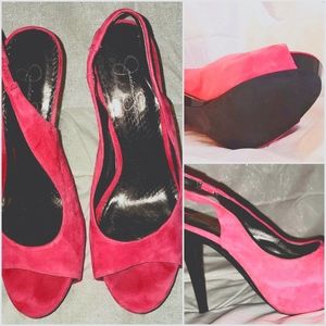 Pink Faux Lambskin Peep Toe Heels